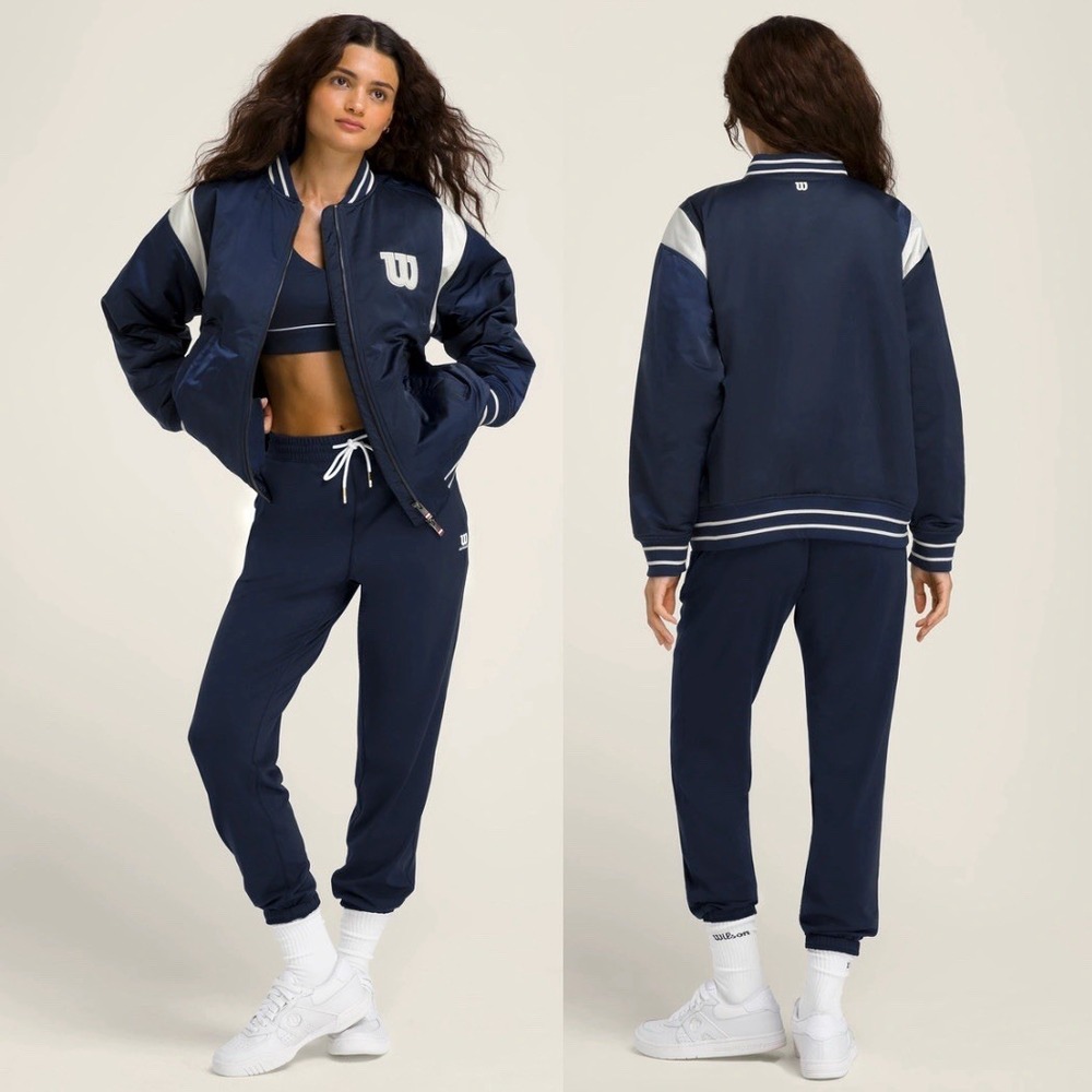 NEW Wilson Classic Navy Satin Heritage Bomber Jacket Letterman Athletic Tennis L
